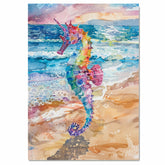 Watercolor Painting of a Colorful Seahorse by the Sea with Ocean Waves and Sandy Shoreline on Ready to Hang 1.5" Thick Canvas Wrap, Floating Framed Canvas, Flat Rolled Canvas